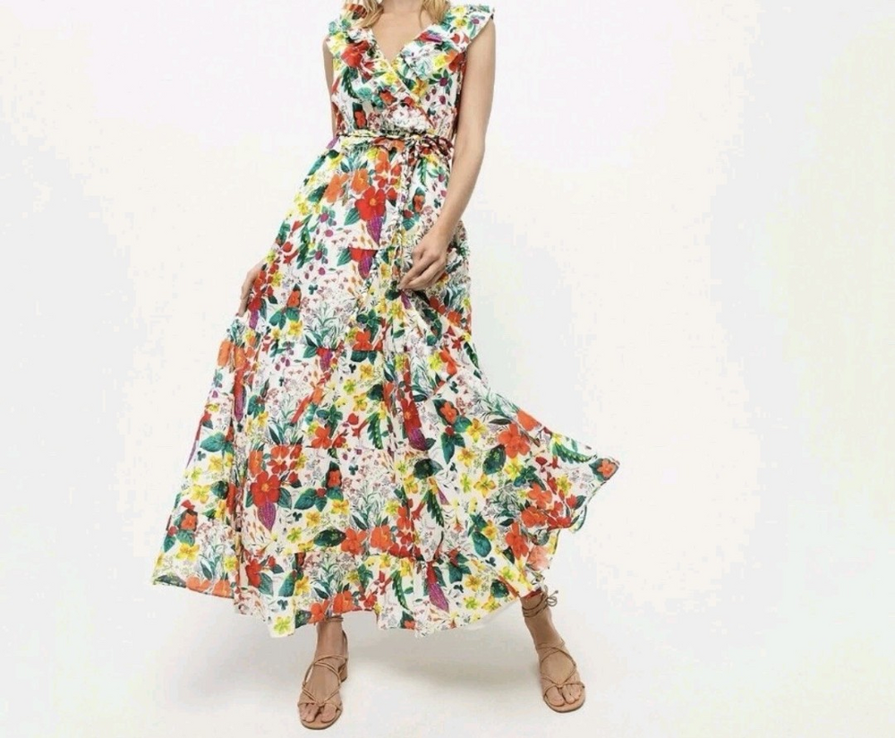 J.Crew Dress Women 0 Cotton Multicolor Floral Ruffle Maxi V Neck Pocket Sundress
